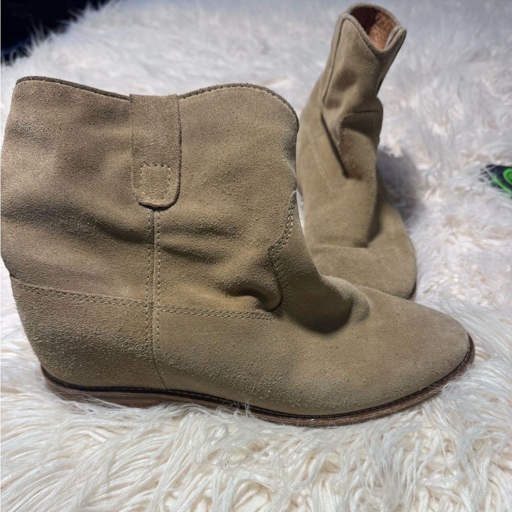 Isabel Marant Etoile Ankle Boot Taupe Suede Leather Cowboy Round Toe Size 39 1/2